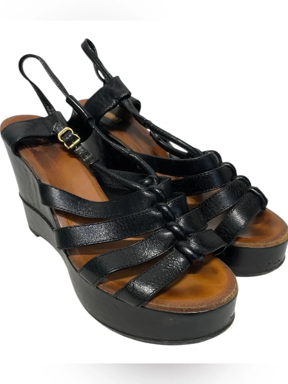Chloe Black Leather Strappy Platform Wedge Sandals